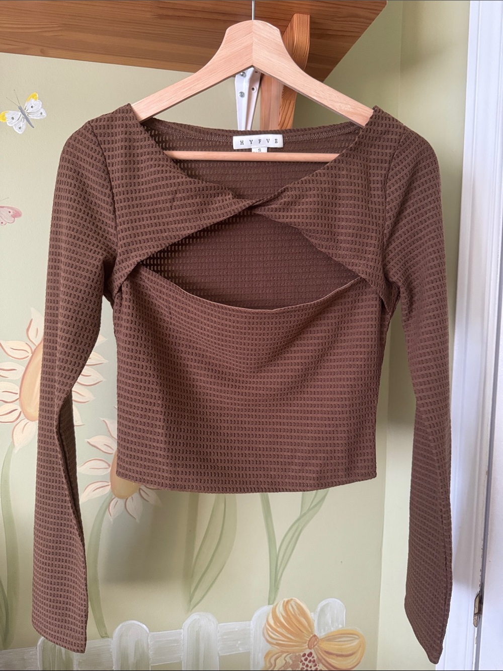 Brown Twist-Front Cropped Long-Sleeve Top